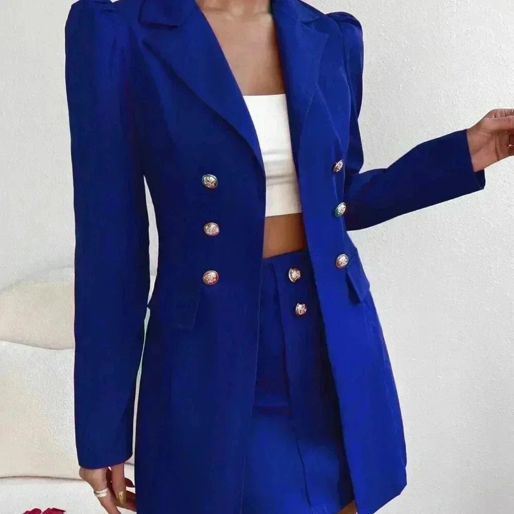 Royal Blue Elegant Women's Double Breasted Blazer & mini Skirt - Picture 3 of 5